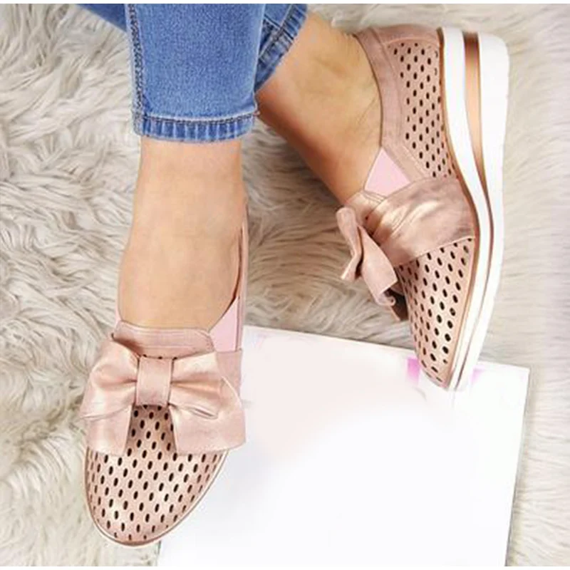 Autumn Women Shoes Wedges Hollow Out Breathable Pumps PU Bowtie Platform Fashion Ladies Slip On Casual Comfort Female Moccasins