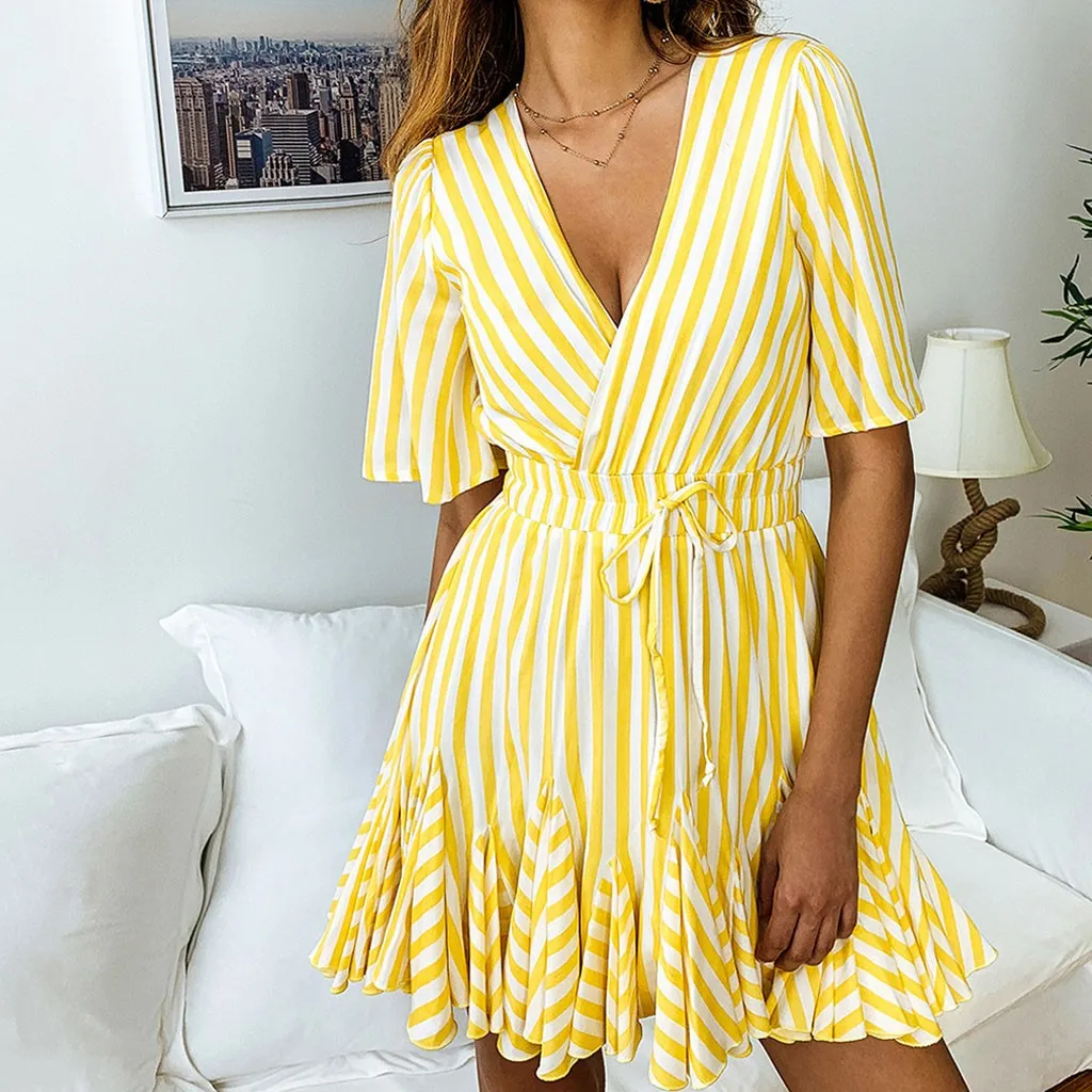 

Women Spring and Summer Dress Fashion Casual Print Striped Short Sleeves Dress Summer holiday party beach pleated Dress elegant