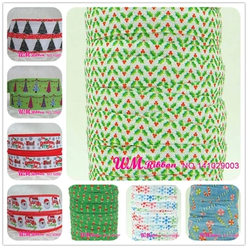 

Q&N ribbon wholesale/OEM 5/8inch 16mm Christmas Printed Fold Over Elastic ribbon FOE Webbing 50yds/roll free shipping hair tie