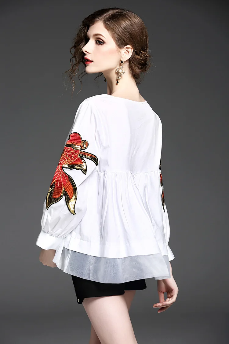 Fashion Goldfish Animal Embroidery Beading Decoration O-Neck Loose Style Cute Blouse Shirt Women (3)
