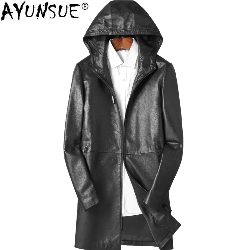 

AYUNSUE Long Sheepskin Coat Hooded Genuine Leather Jacket Korean Windbreaker Leather Coat Chaqueta Cuero Hombre P-D8528C KJ1609