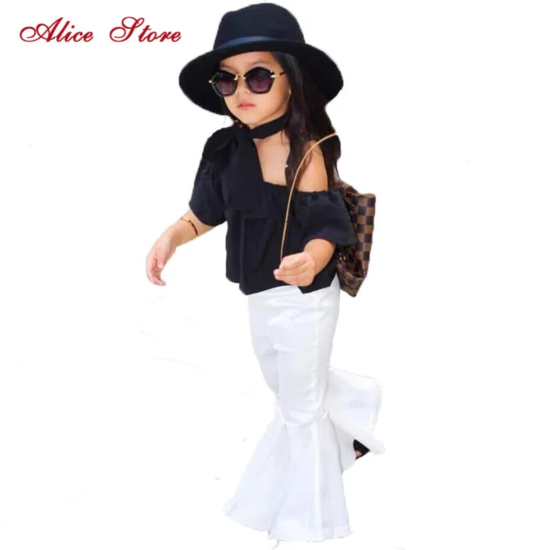

2018 summer girls fashion clothing sets children's strapless flare sleeve tops + white mermaid pants 2 pcs suit kids clothes