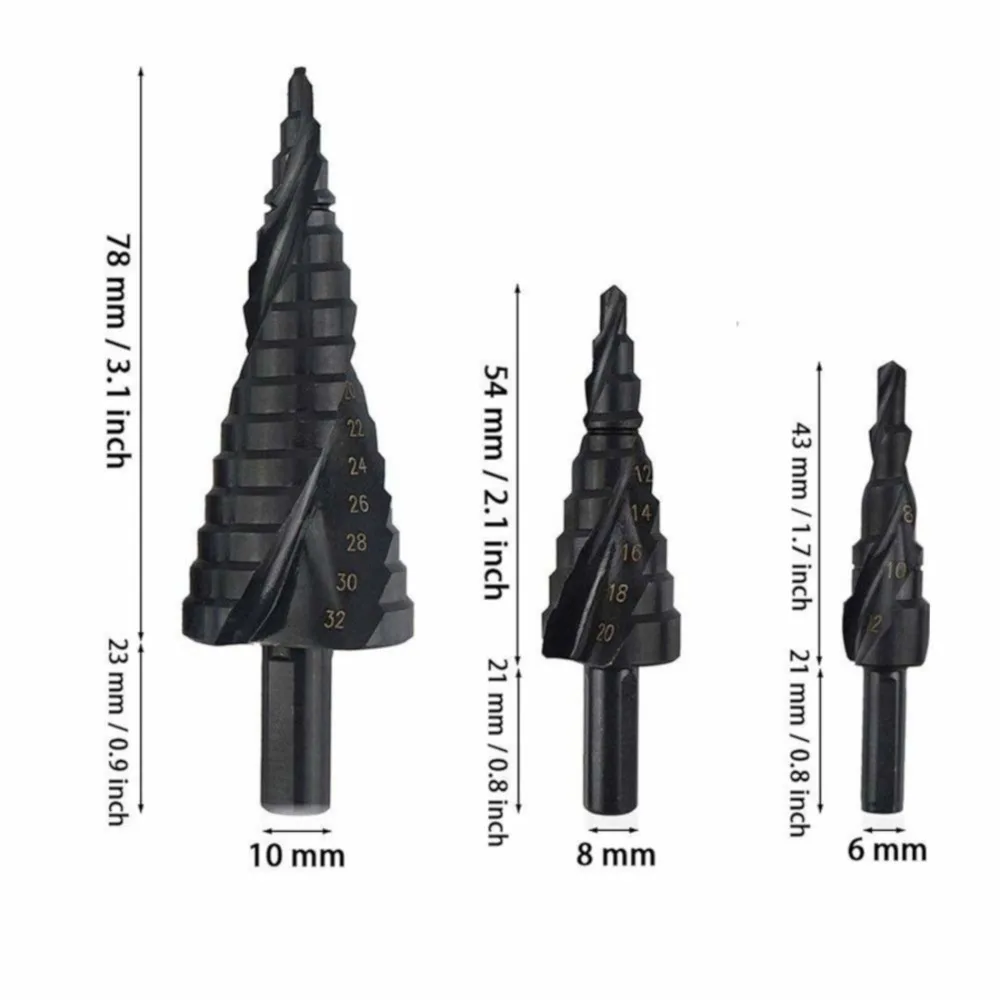 Drill Bit Set 3pcs HSS Cobalt Step 4-32MM High Speed Steel Nitrogen Spiral Triangle Shank for Metal Cone
