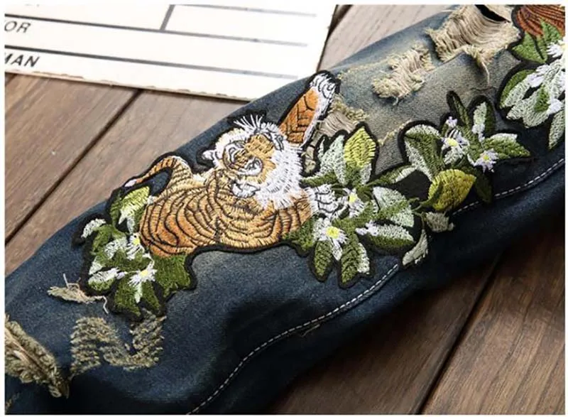 Mcikkny Men's Ripped Patchwork Jeans Slim Fit Straight Tiger Embroidered Denim Jeans Trousers Male Distressed Pants 