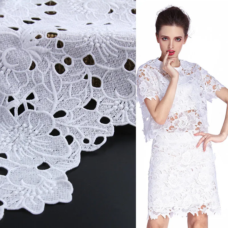 Three dimensional embroidery hollow water soluble white lace fabric
