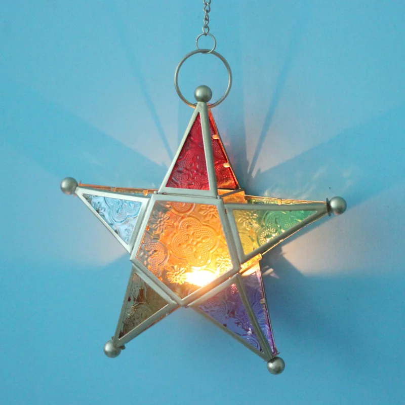 

Five-pointed Star Moroccan Style Colorful Hang Candleholder Design Candlestick for Light Wall Door Hanging Home Bar Decoration