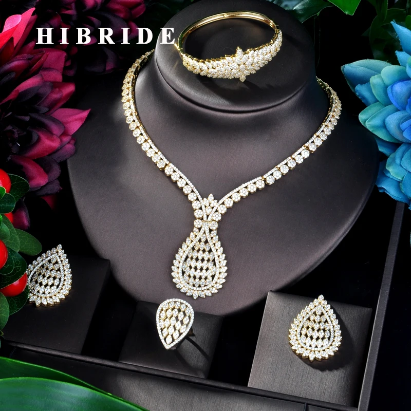 

HIBRIDE Big Luxury Design Gold Color Women Wedding Set Naija Bridal Cubic Zirconia Necklace Dubai Dress Jewelry Set N-819