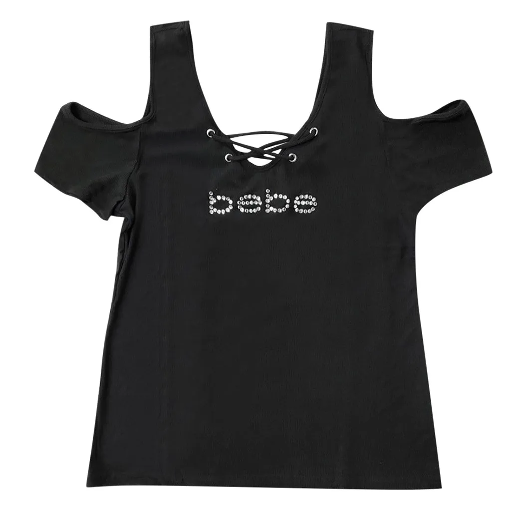 

T-Shirt With Rhinestone Women Summer Bebe Logo Rhinestone Black Aesthetic Clothes V Neck Off The Shoulder Harajuku Kawaii Tshirt