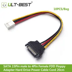 ULT Best 10 шт./пакет кабель sata 15Pin штекерным 4Pin женский FDD Гибкий адаптер Жесткий диск Мощность Кабели шнур 20 см