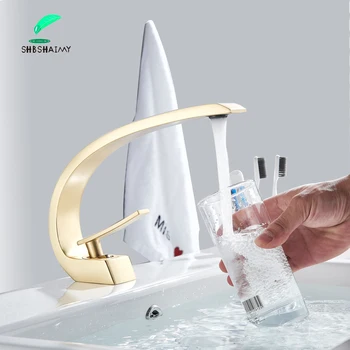 

SHBSHAIMY Brushed Golden Bathroom Faucet Basin Sink Faucet Brass Single Handle Single Hole Cold and Hot Mixer Taps Curve Design