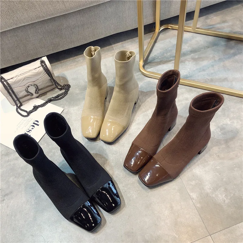 

Chowaring Fashion Female mid calf Sock Boot Chunky Mid Heel Stretch Knit Bootie Elastic Square Toe Sexy Lady Shoe Women Brown
