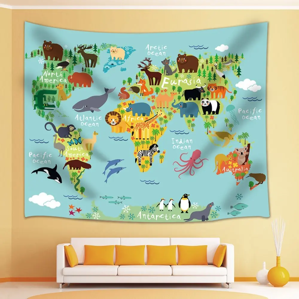 

Cartoon Mountains Forests Animals World Map For Children Kids Tapestry Wall Hanging for Bedroom Living Room Dorm
