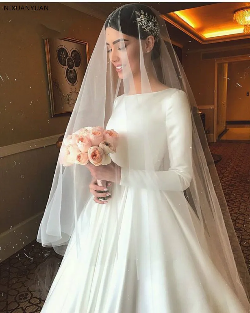 

Simple Arab Muslim Wedding Dress 2019 Long Sleeve Vestido De Noiva Elegant A-Line Court Train Chaep Wedding Gowns
