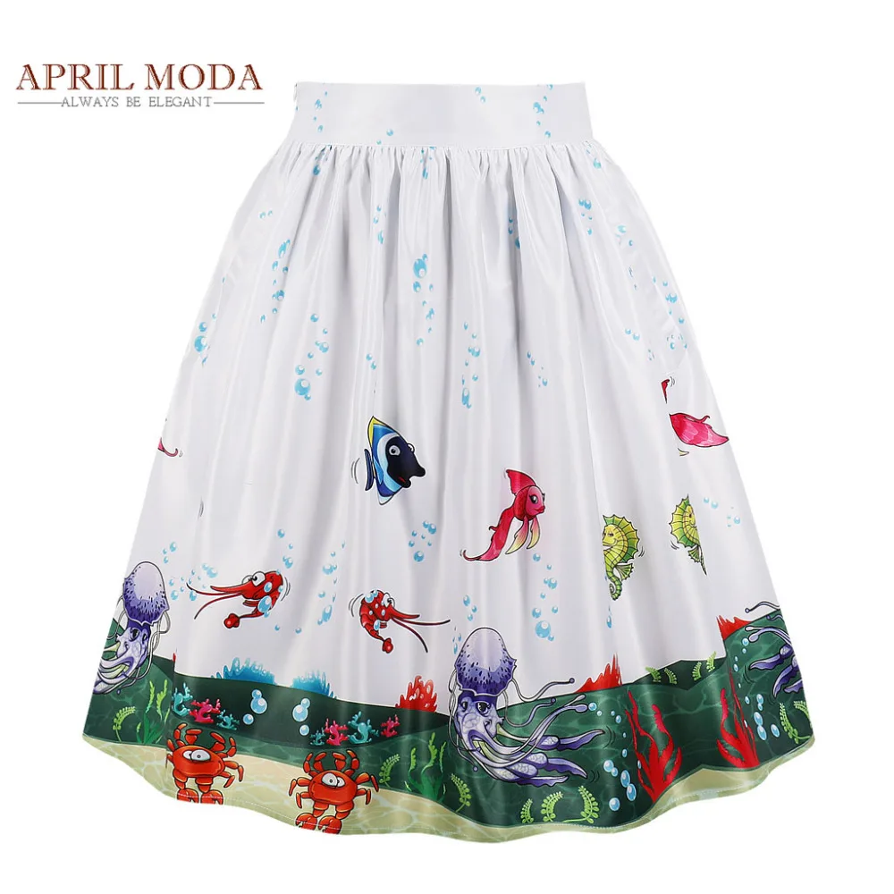 Women Fashion Fish Print Midi Skirts Jellyfish Retro Vintage Pleated Rockabilly Swing Skirt High Waist Casual A Line Skater Saia Skirts