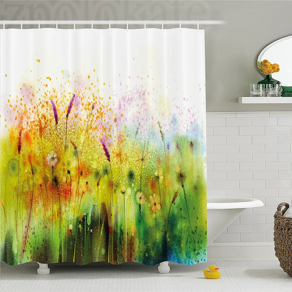 

Watercolor Flower Home Decor Shower Curtain Trippy Violet Garden Made with Brushstrokes Ferns Sketchy Paint Bathroom Decor Set w