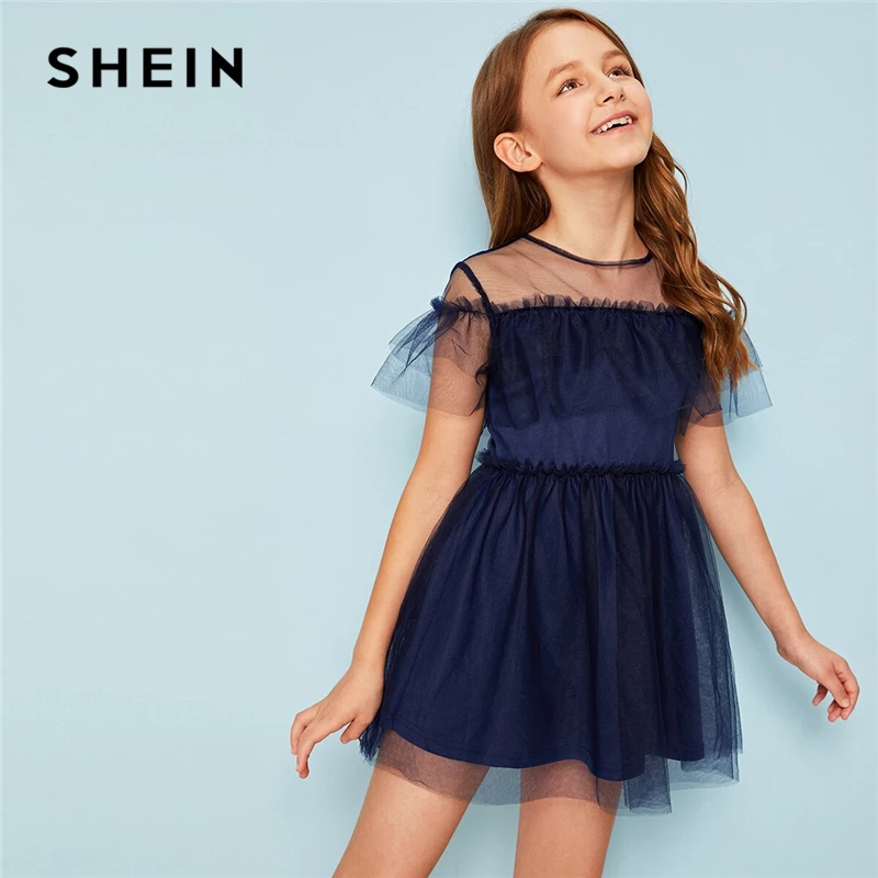 

SHEIN Kiddie Navy Girls Frilled Trim Mesh Overlay Party Dress 2019 Summer Short Sleeve Frill Zipper Back Cute Kids Short Dresses