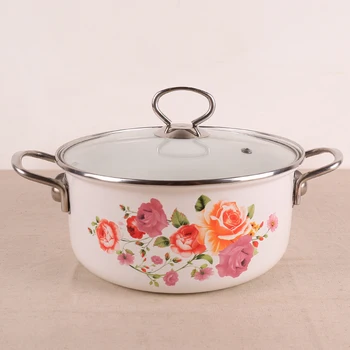 

European style porcelain enamel thickening double ears soup stainless steel handle glass lid stewpot stockpot saucepan 22cm