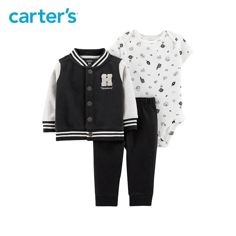 

3pcs cute print bodysuit HANDSOME slogan Snap-front fleece jacket set Carter's baby boy spring autumn clothing 121I630