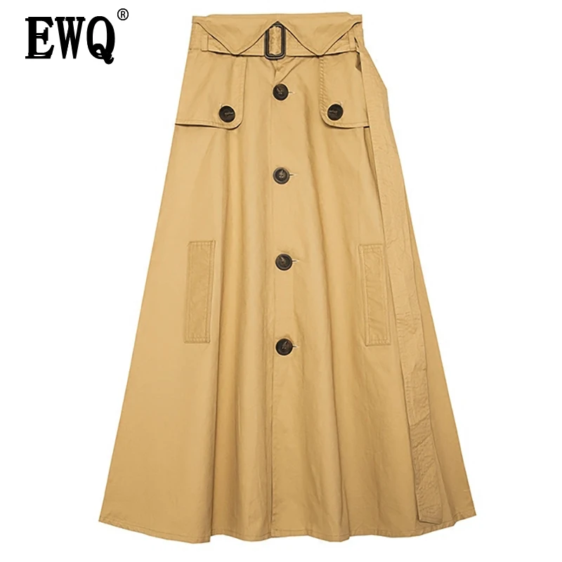[EWQ] Новинка осени, модная, хаки, темпераментная, высокая талия, на шнуровке, однобортная, ложные пакеты, свободная, трапециевидная юбка для женщин, LA537
