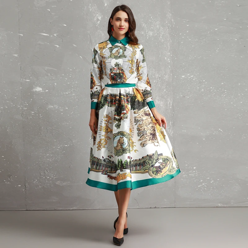 

High-end New 2019 Spring Summer Runway Designer Print Long Sleeve Turn-down Collar Blouse + Mid-calf Skirt Suits Women Twinsets