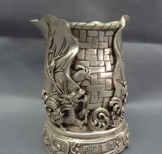 

JP S62 China Silver FengShui Dragon Statue Buddhism Lotus Pencil Vase Brush Barrel Pot
