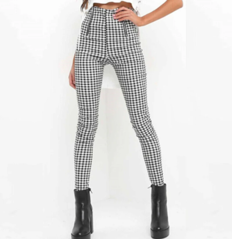 Autumn Spring Lady Fashion Pant Black Plaid Check Skinny Pencil Pants ...