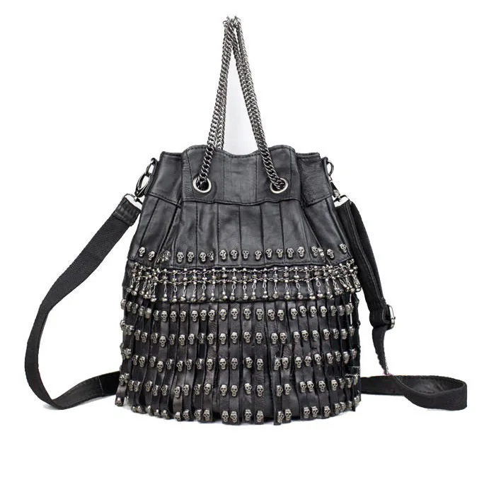 Череп заклепки кисточкой цепь одно плечо кросс-тело женщин сумки овчины Натуральной Кожи сумки