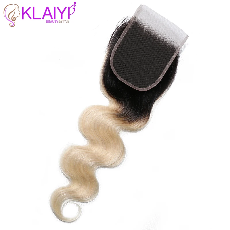 KLAIYI, бразильские волосы, объемная волна, кружевная застежка, свободная часть, Remy человеческие волосы, 4x4 дюйма, швейцарское кружево, T1B/613, верхнее закрытие