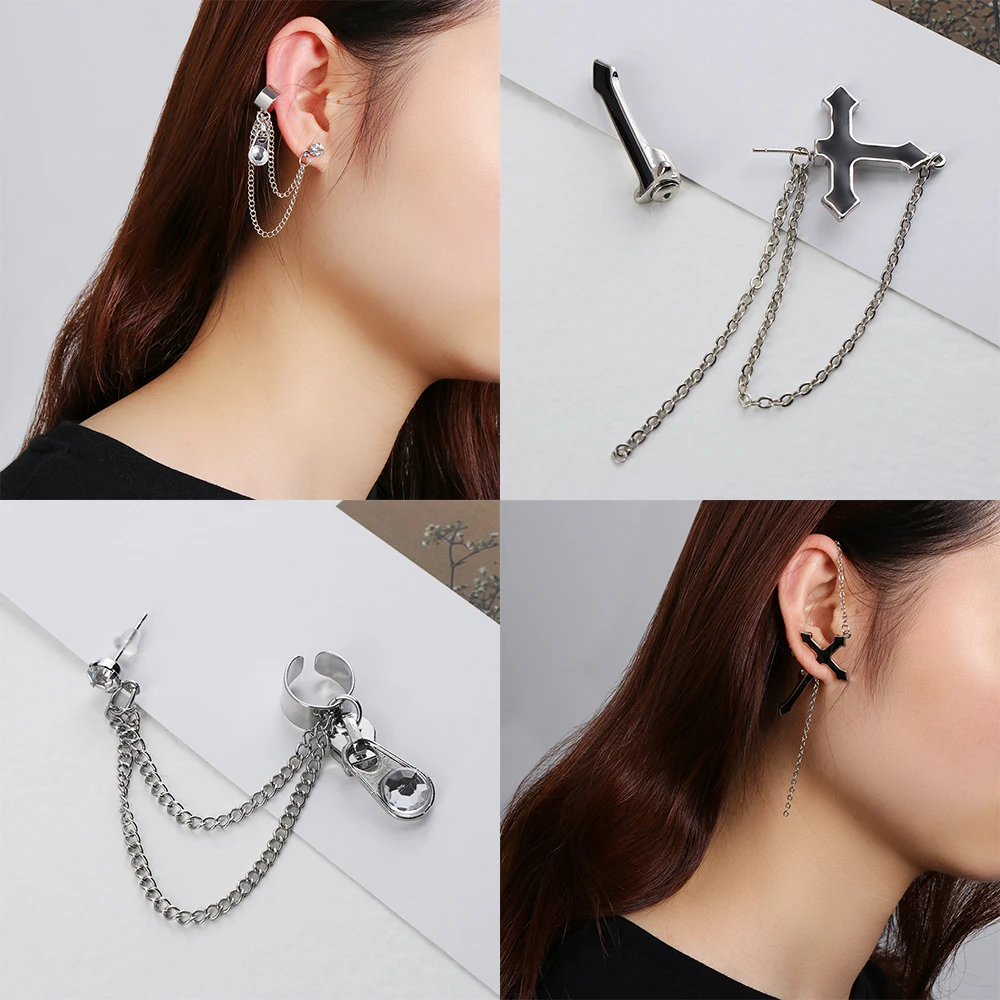 

1PC European Style Fashion Vintage Long Chain Cross Zipper Drop Earrings for Men and Women Party Punk Jewelry Gift