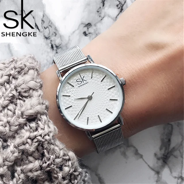 

Shengke Sliver Mesh Stainless Steel Watches Women Top Brand Luxury Casual Clock Ladies Wrist Watch Lady Relogio Feminino SK