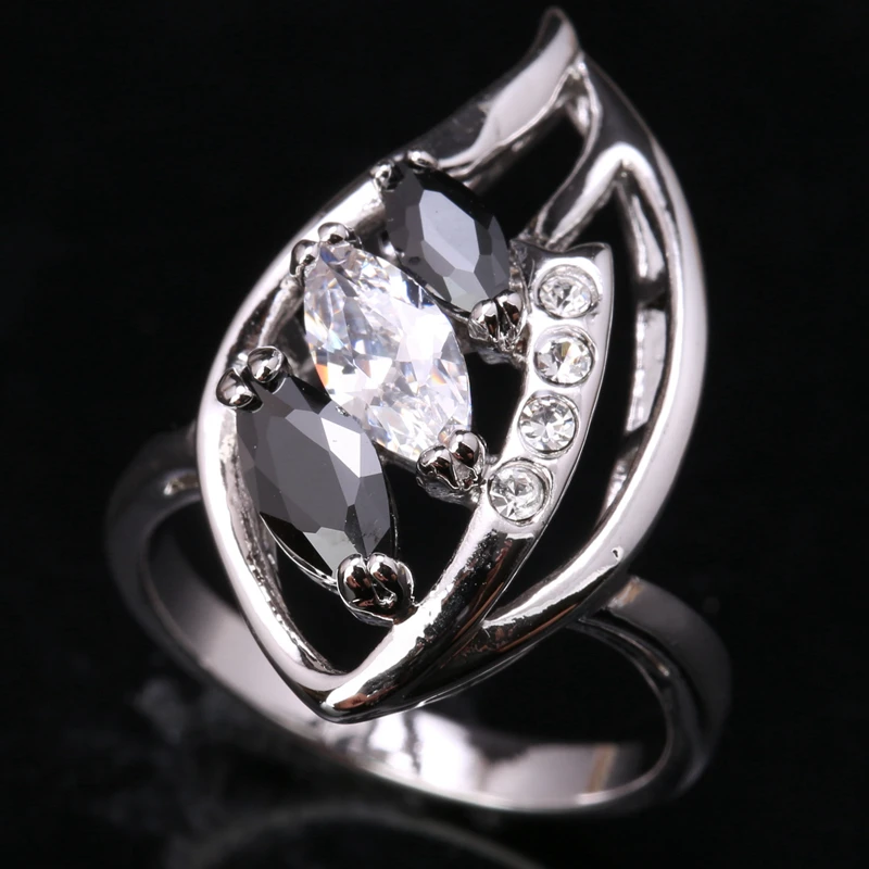 Candy Leaf Black Onyx White Zircon Silver Plated Argent Party Jewelry Ring Size 6 / 7 8 9 S1532 | Украшения и аксессуары