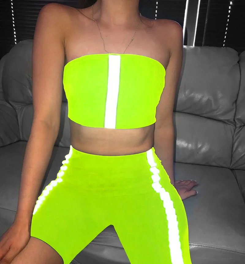 

2 Piece Set Reflective Suit Women Outflts Strip Sexy Club Strapless Short Crop Top and Pant Summer Tracksuit Co-ord Set Clothing