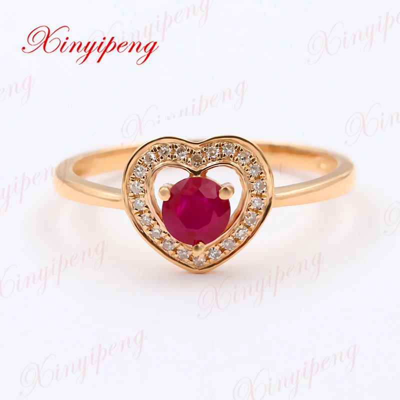 Xinyipeng 18 К цвета розового золота инкрустированные натуральный рубин кольцо Женщины бросить 4*4 дизайна стягивается с бриллиантами