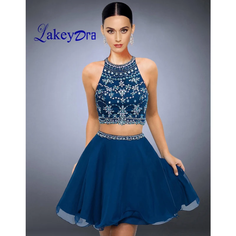 

Lakeydra Mini Homecoming Dresses Two-Pieces Bead Blue Chiffon with Sleeveless A-Line 2019 Short Party Prom Gown Graduation Dress