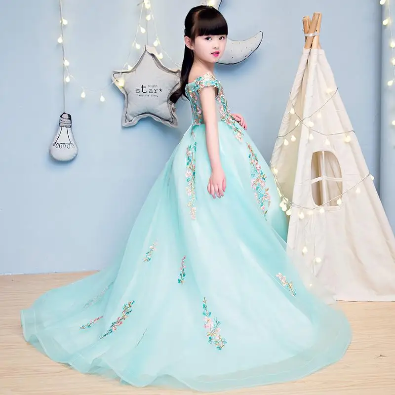 Boat Neck Evening Sweet Dress Beads Long Trailing Mesh Dresses Flower Girl Embroidery Communion Gowns Kids Wedding Pageant - Цвет: Синий