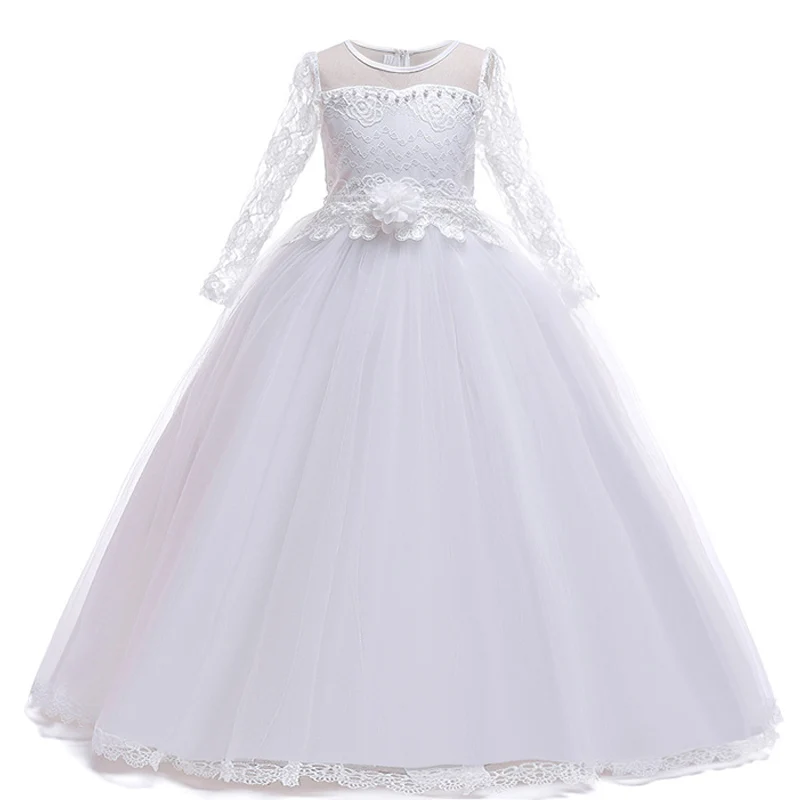 Платье для девочек элегантные Детские платья для девочек, вечернее платье принцессы Свадебное платье подружки невесты с цветочным рисунком Vestidos 8 10 12 14 лет - Цвет: White