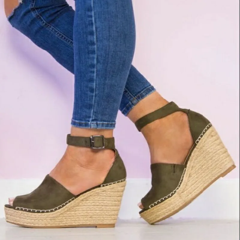 

Spring Women Sandals Casual Linen Canvas Wedge Platform Buckle Ankle Strap High Heel Platform Pump Espadrilles ladies Shoes