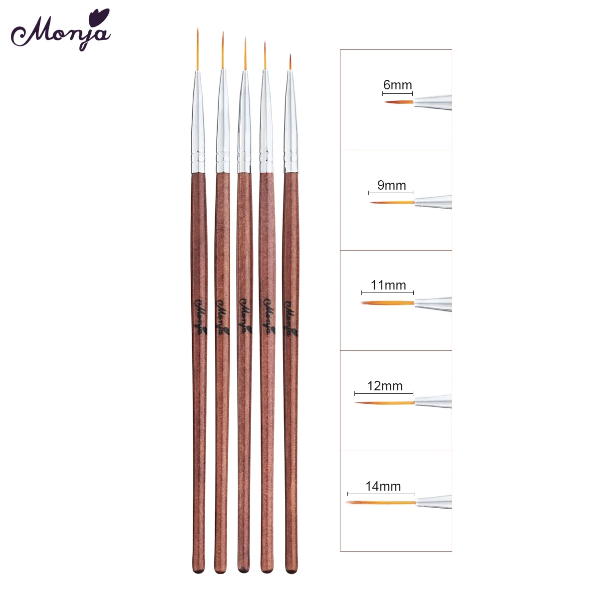 

Monja 5pcs/set 6/9/11/12/14mm Nail Art Liner Brush French Lines Stripes Flower Painting Drawing Pen Manicure Tools