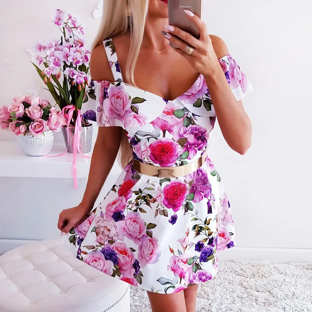 

Sexy Summer Dress Off Shoulder Floral Print Bodies Close Party Mini Clothes Casual Beach Clothes Dresses Vestidos De Verano