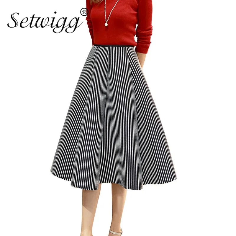 

SETWIGG Spring & Autumn Fluffy Scuba Patchwork A-line Long Skirt Stretch Waist Vertical Striped Mid-calf Spring Skirts SG2080