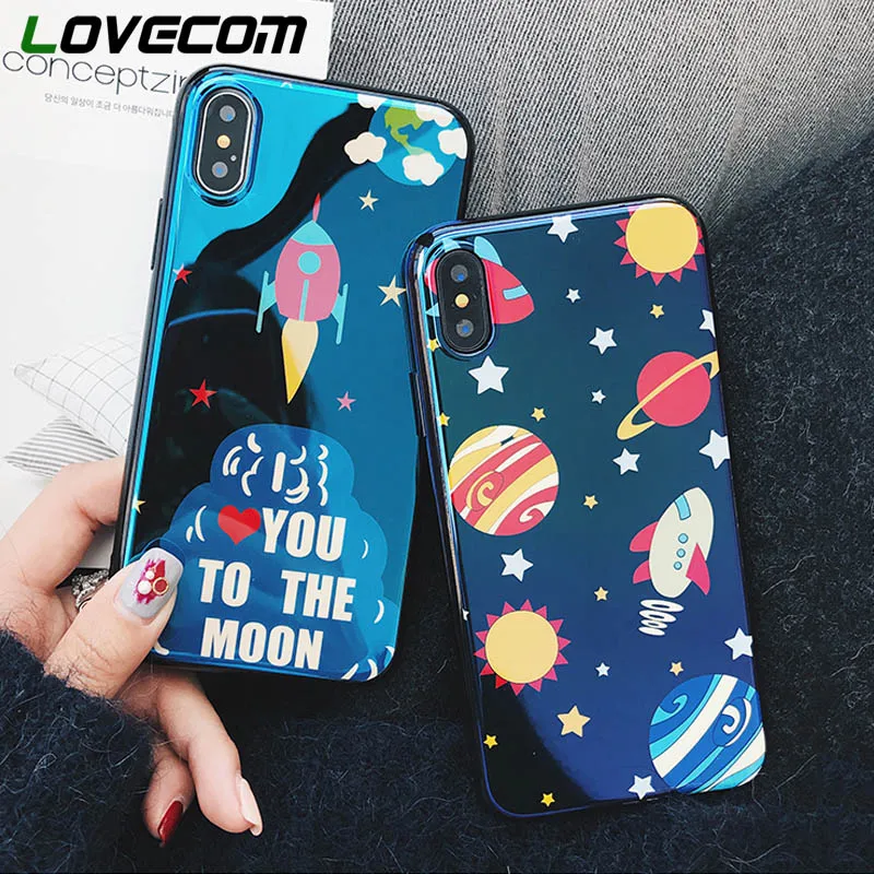 

LOVECOM Blu-Ray Case For iPhone XS XR XS Max X 6 6S 7 8 Plus Cartoon Rocket & Universe Planet Soft IMD Phone Back Cover Cases