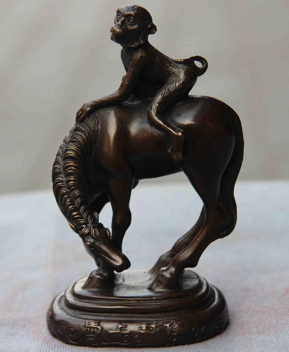 China Folk Copper Bronze Carved Lucky Wealth Monkey Ride Horse Steed
