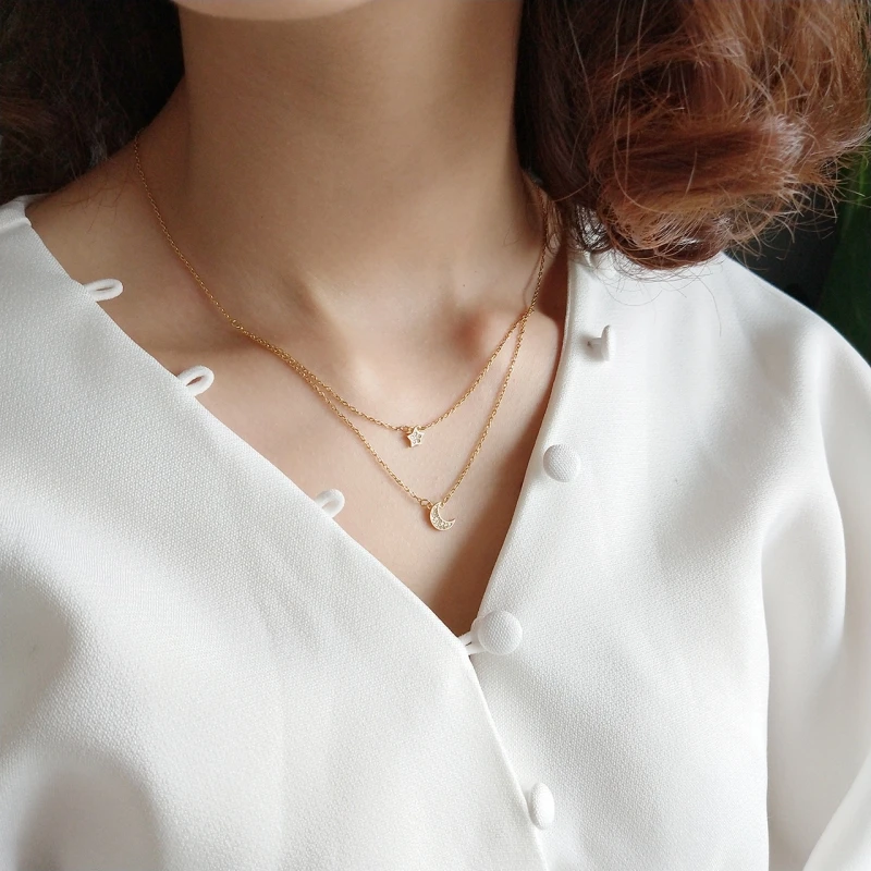 

925 Sterling Silver Double Layer Geometric Moon Star Necklace 18k Gold Micro Pave Zircon CZ Pendant Necklace For Women Jewelry