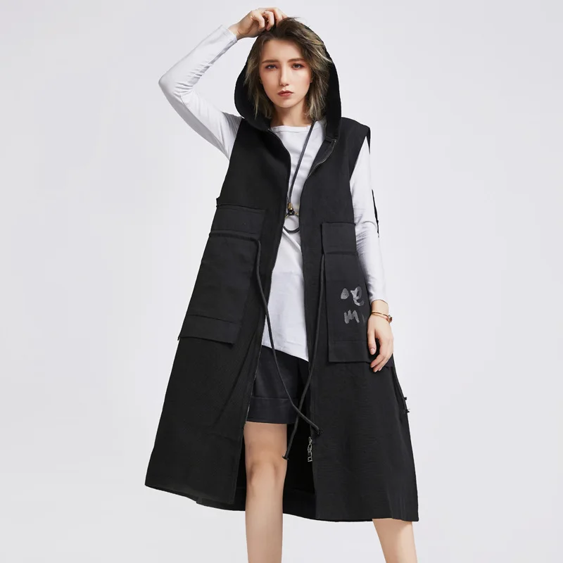 

2019 female new spring and autumn large size sleeveless outerwear loose Korean printing long hooded vest
