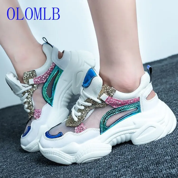 

New Women White Sneakers Fashion Rhinestone Ladies Platform Shoes Summer Breathable Flower Woman Casual Shoes zapatillas mujer