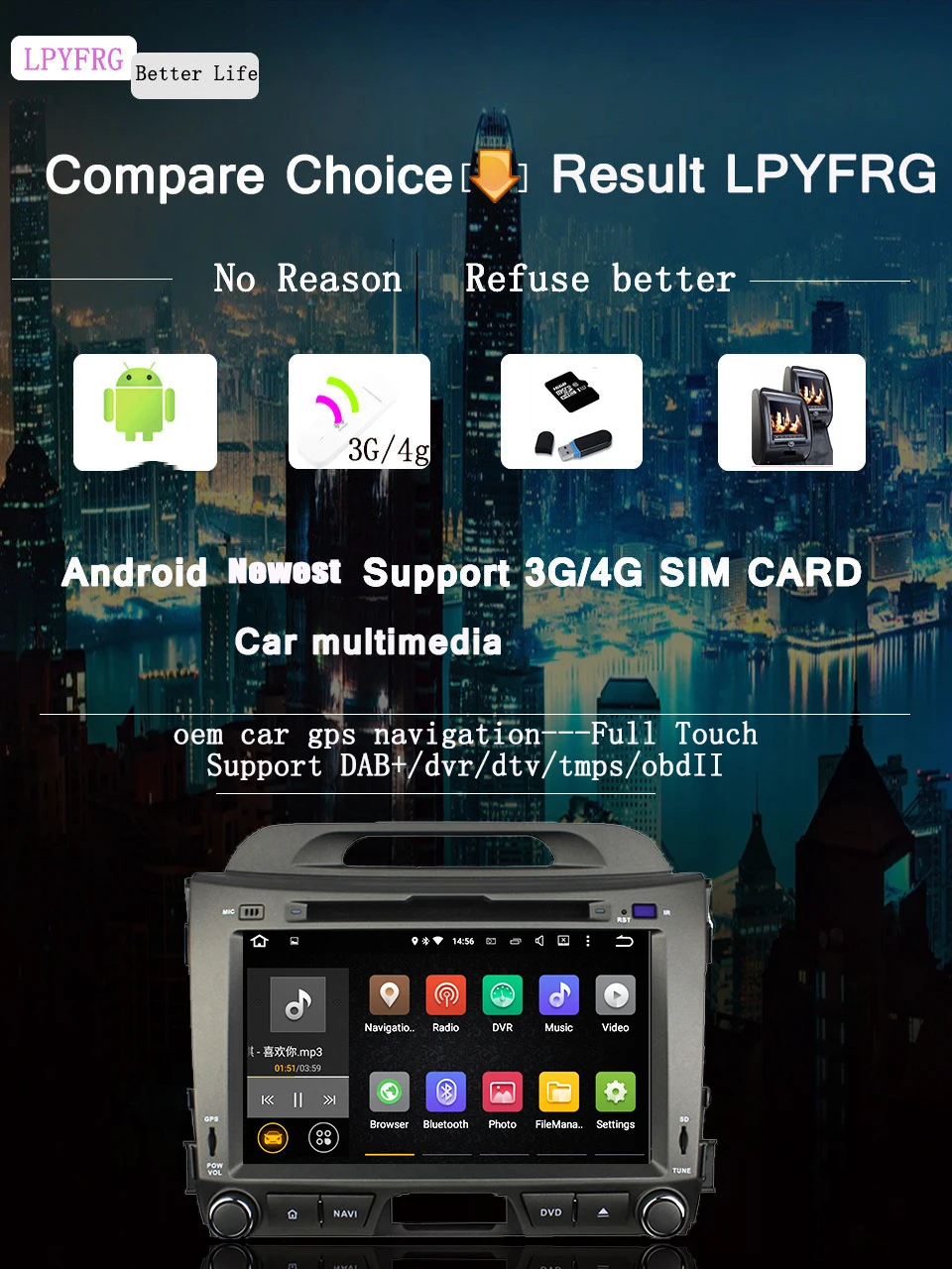 Top 2Din Android 9.0 4GB IPS Screen 1024*600 Car PC Tablet Dvd Player For Kia Sportage R 2011 2012 2013 2014 2015 GPS Radio Audio 3