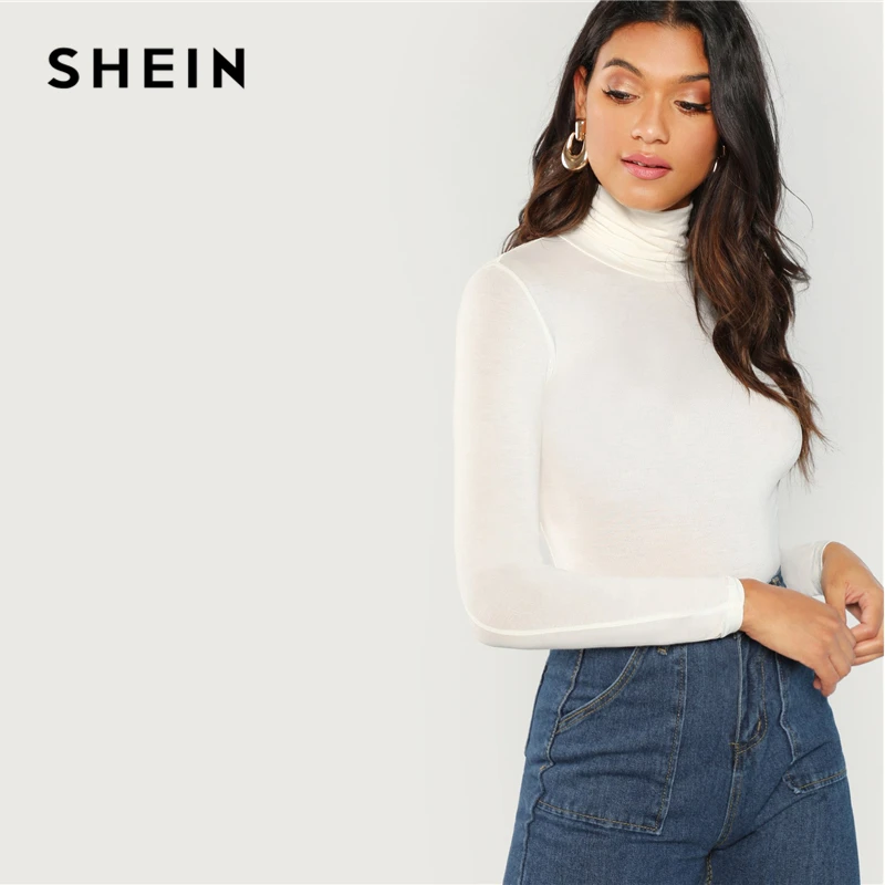 Белая Облегающая водолазка SHEIN элегантная рабочая одежда однотонные пуловеры с