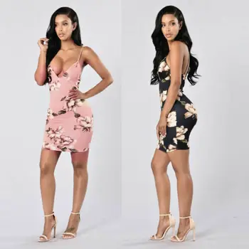 

2019 Fashion Femmes sexy tendance moulant Print v Neck Club Wear mini robe