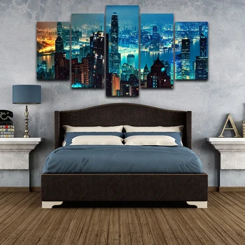 

Canvas Wall Art Pictures Home Decor For Living Room 5 Pieces Hong Kong City Buildings Night View Painting HD Prints Poster Frame