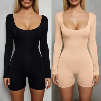 

2019 New Arrivals Fashion Women Backless Long Sleeve Top Solid Shorts Jumpsuit Sexy Leotard Romper Best Selling Dropshiping